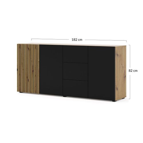 Ozzy - Buffet Bas - 3 Tiroirs - Effet Bois Et Noir - 180 Cm