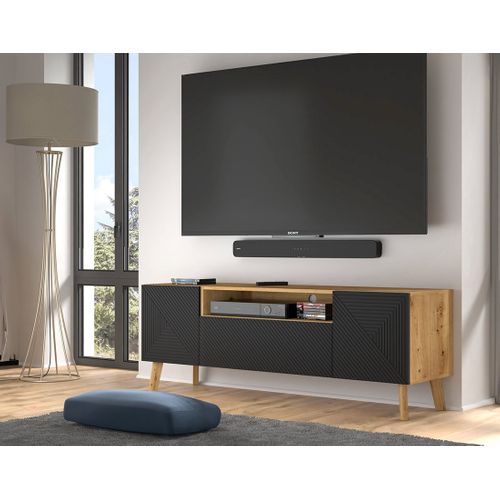 Velato - Meuble TV - Effet Bois Et Noir - 3 Portes Et 1 Niche - 160 Cm