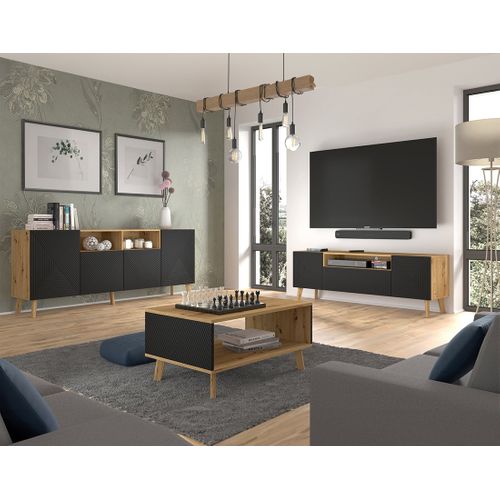 Velato - Meuble TV - Effet Bois Et Noir - 3 Portes Et 1 Niche - 160 Cm