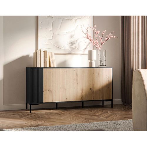 Cambridge - Buffet Bas - Effet Bois Et Noir - 3 Portes - 150 Cm