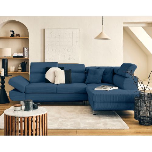 Canapé Angle Droit Convertible 5 Places Lisbona En Velours Côtelé Bleu