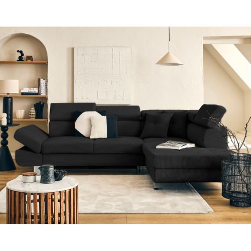 Canapé Angle Droit Convertible 5 Places Lisbona En Velours Côtelé Noir