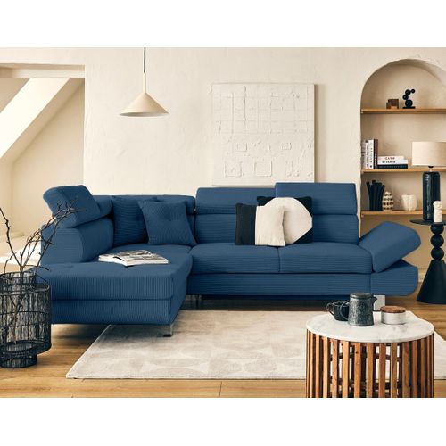 Canapé Angle Gauche Convertible 5 Places Lisbona En Velours Côtelé Bleu