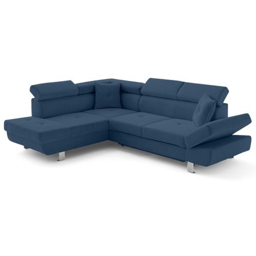 Canapé Angle Gauche Convertible 5 Places Lisbona En Velours Côtelé Bleu