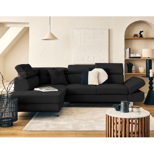 Canapé Angle Gauche Convertible 5 Places Lisbona En Velours Côtelé Noir