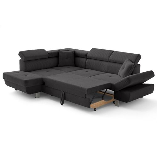 Canapé Angle Gauche Convertible 5 Places Lisbona En Velours Côtelé Gris Foncé