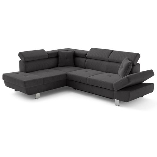Canapé Angle Gauche Convertible 5 Places Lisbona En Velours Côtelé Gris Foncé