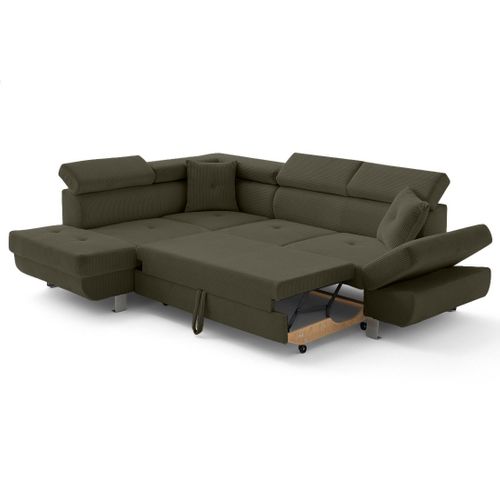 Canapé Angle Gauche Convertible 5 Places Lisbona En Velours Côtelé Vert Kaki