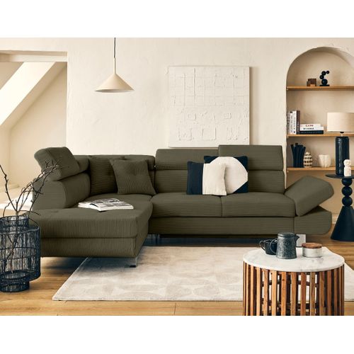 Canapé Angle Gauche Convertible 5 Places Lisbona En Velours Côtelé Vert Kaki
