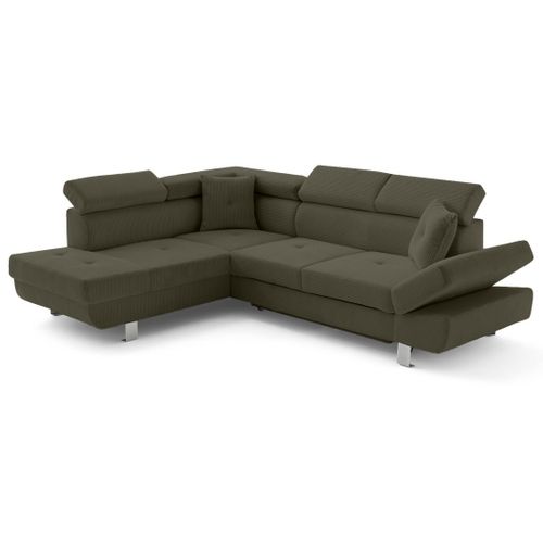 Canapé Angle Gauche Convertible 5 Places Lisbona En Velours Côtelé Vert Kaki