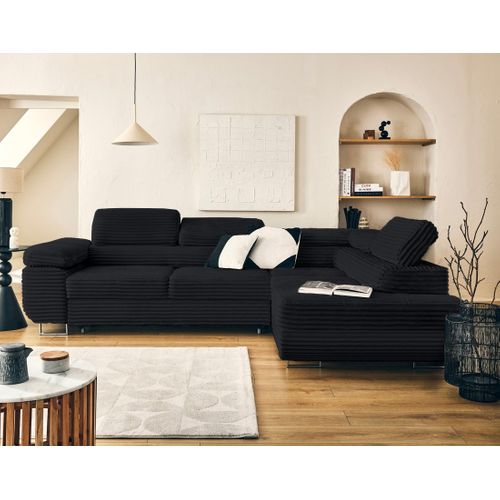 Canapé Angle Droit Convertible 5 Places Zaria En Velours Grosses Côtes Noir