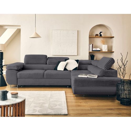 Canapé Angle Droit Convertible 5 Places Zaria En Velours Grosses Côtes Gris