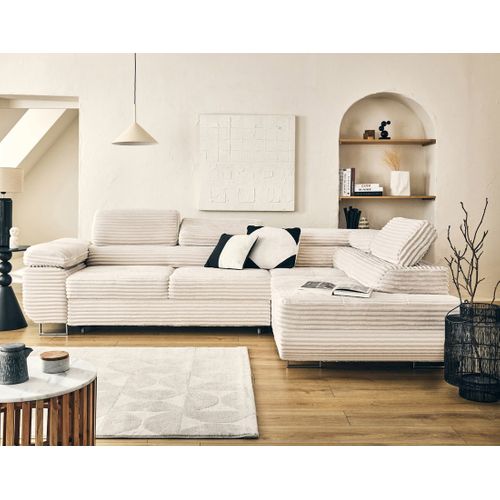 Canapé Angle Droit Convertible 5 Places Zaria En Velours Grosses Côtes Beige