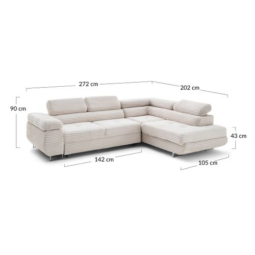 Canapé Angle Droit Convertible 5 Places Zaria En Velours Grosses Côtes Beige