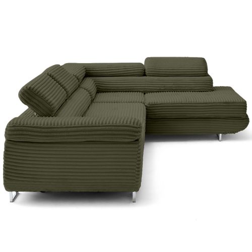 Canapé Angle Droit Convertible 5 Places Zaria En Velours Grosses Côtes Vert Kaki