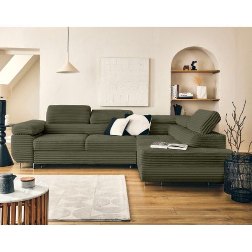 Canapé Angle Droit Convertible 5 Places Zaria En Velours Grosses Côtes Vert Kaki