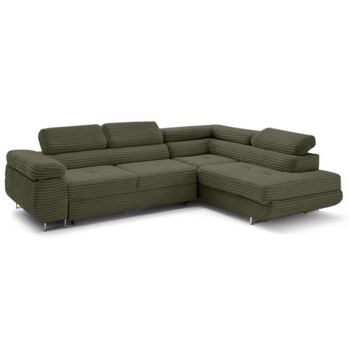 Canapé Angle Droit Convertible 5 Places Zaria En Velours Grosses Côtes Vert Kaki