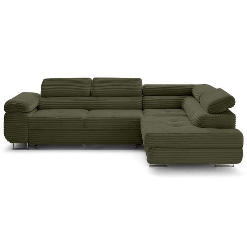 Canapé Angle Droit Convertible 5 Places Zaria En Velours Grosses Côtes Vert Kaki