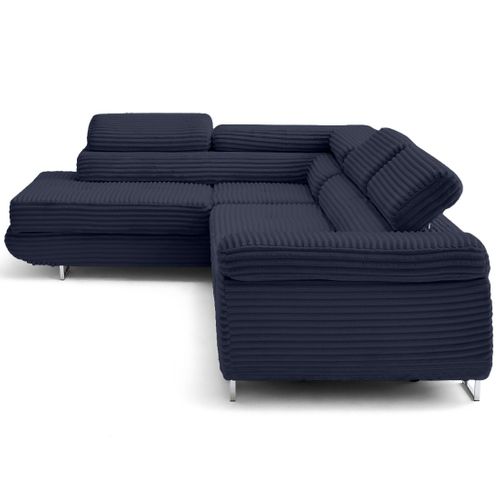 Canapé Angle Gauche Convertible 5 Places Zaria En Velours Grosses Côtes Bleu
