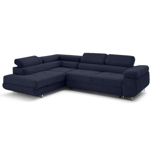 Canapé Angle Gauche Convertible 5 Places Zaria En Velours Grosses Côtes Bleu