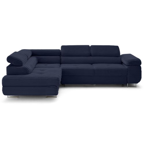 Canapé Angle Gauche Convertible 5 Places Zaria En Velours Grosses Côtes Bleu