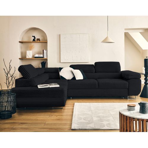Canapé Angle Gauche Convertible 5 Places Zaria En Velours Grosses Côtes Noir