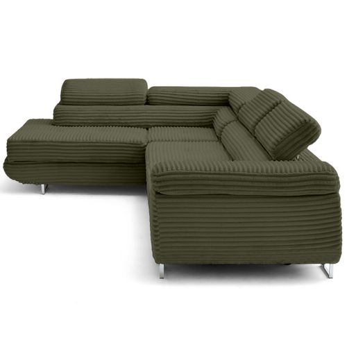 Canapé Angle Gauche Convertible 5 Places Zaria En Velours Grosses Côtes Vert Kaki