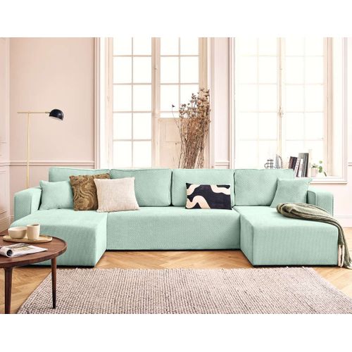 Canapé Panoramique Convertible 7 Places Topaze En Velours Texturé Bleu