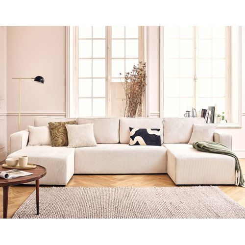 Canapé Panoramique Convertible 7 Places Topaze En Velours Texturé Beige