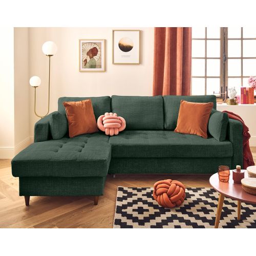 Canapé Angle Gauche Convertible 4 Places Anna En Velours Texturé Vert