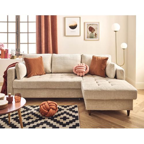Canapé Angle Droit Convertible 4 Places Anna En Velours Texturé Beige