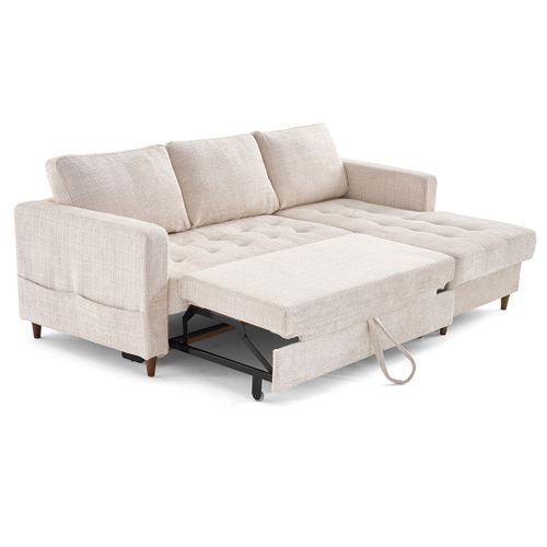 Canapé Angle Droit Convertible 4 Places Anna En Velours Texturé Beige