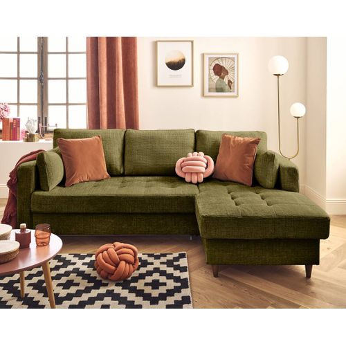 Canapé Angle Droit Convertible 4 Places Anna En Velours Texturé Vert Olive