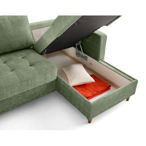 Canapé Angle Droit Convertible 4 Places Anna En Velours Texturé Vert Sauge