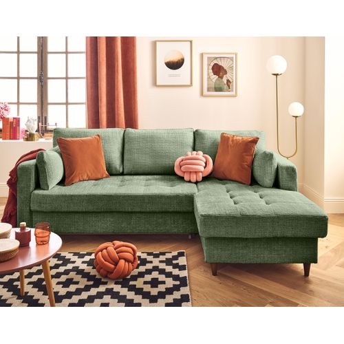 Canapé Angle Droit Convertible 4 Places Anna En Velours Texturé Vert Sauge