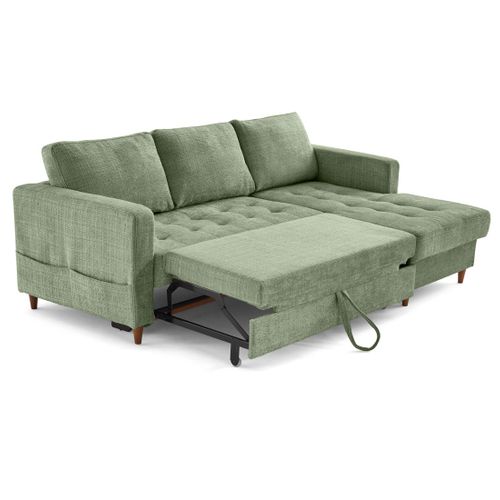 Canapé Angle Droit Convertible 4 Places Anna En Velours Texturé Vert Sauge