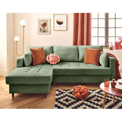 Canapé Angle Gauche Convertible 4 Places Anna En Velours Texturé Vert Sauge