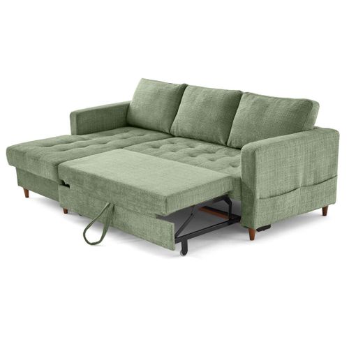 Canapé Angle Gauche Convertible 4 Places Anna En Velours Texturé Vert Sauge