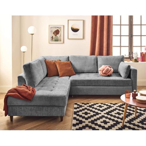 Canapé Angle Gauche Convertible 5 Places Anna En Velours Texturé Gris