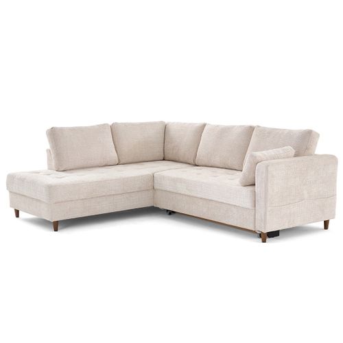 Canapé Angle Gauche Convertible 5 Places Anna En Velours Texturé Beige