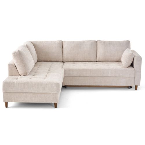 Canapé Angle Gauche Convertible 5 Places Anna En Velours Texturé Beige