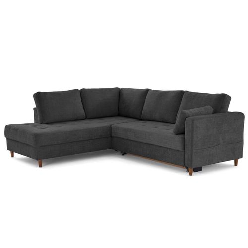 Canapé Angle Gauche Convertible 5 Places Anna En Velours Texturé Gris Anthracite