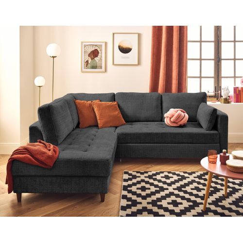 Canapé Angle Gauche Convertible 5 Places Anna En Velours Texturé Gris Anthracite