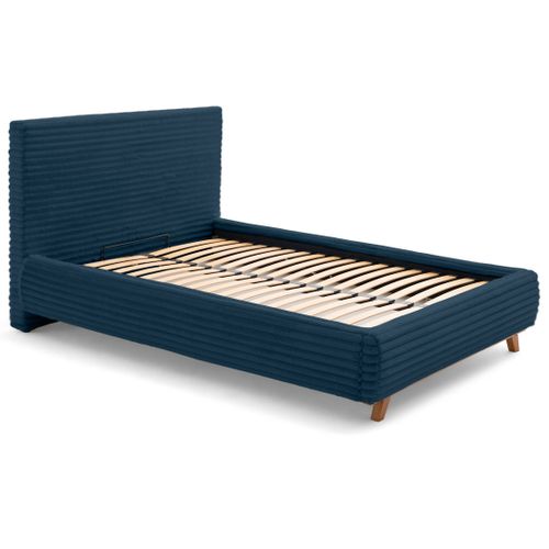 Cristal - Lit Coffre - 140x200 - Sommier Inclus - Fausse Fourrure Côtelée Bleu