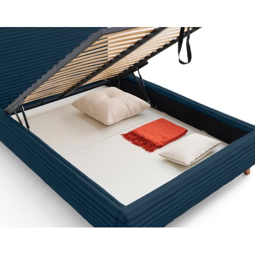 Cristal - Lit Coffre - 140x200 - Sommier Inclus - Fausse Fourrure Côtelée Bleu