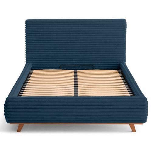 Cristal - Lit Coffre - 140x200 - Sommier Inclus - Fausse Fourrure Côtelée Bleu