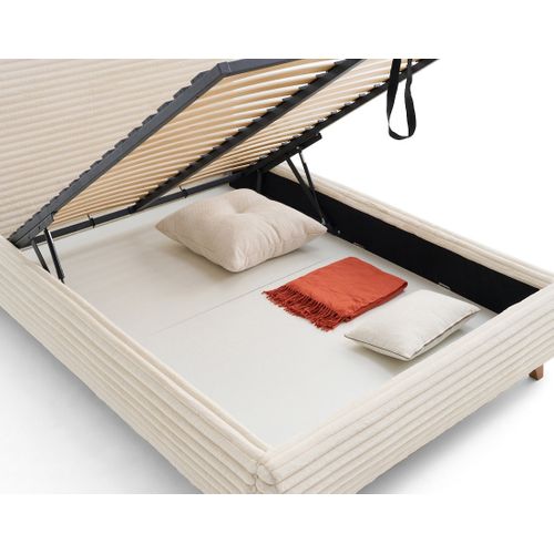 Cristal - Lit Coffre - 140x200 - Sommier Inclus - Fausse Fourrure Côtelée Beige