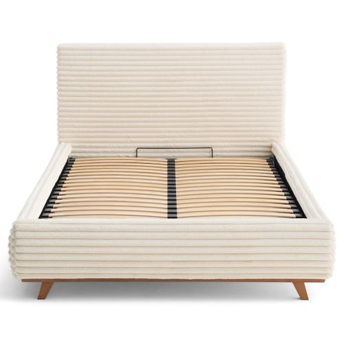 Cristal - Lit Coffre - 140x200 - Sommier Inclus - Fausse Fourrure Côtelée Beige