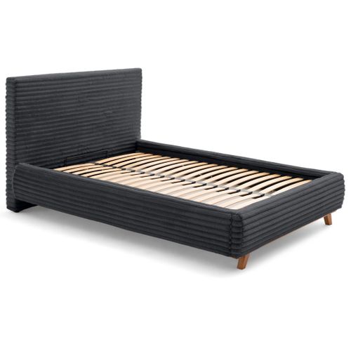 Cristal - Lit Coffre - 140x200 - Sommier Inclus - Fausse Fourrure Côtelée Gris Anthracite