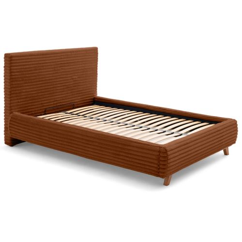 Cristal - Lit Coffre - 140x200 - Sommier Inclus - Fausse Fourrure Côtelée Rouille